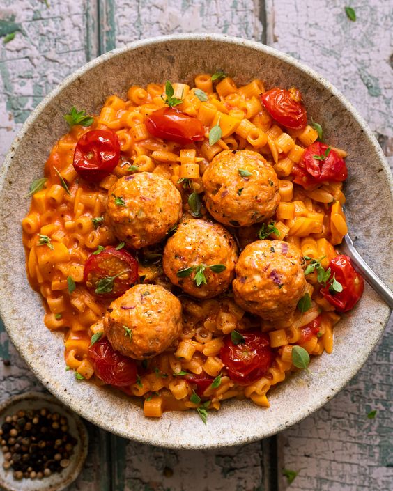 Pâtes façon risotto tomates et courgette et boulettes de poulet - Clemfoodie