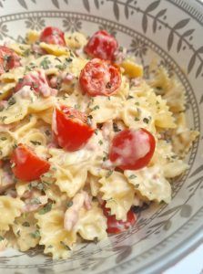 Pâtes au Boursin, lardons, tomates