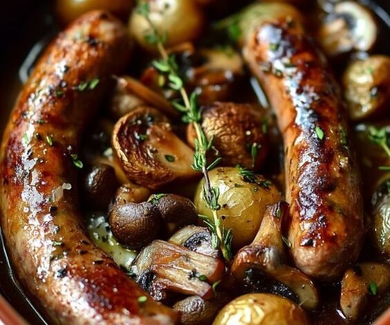 Saucisses, Champignons et Pommes de Terre au Four