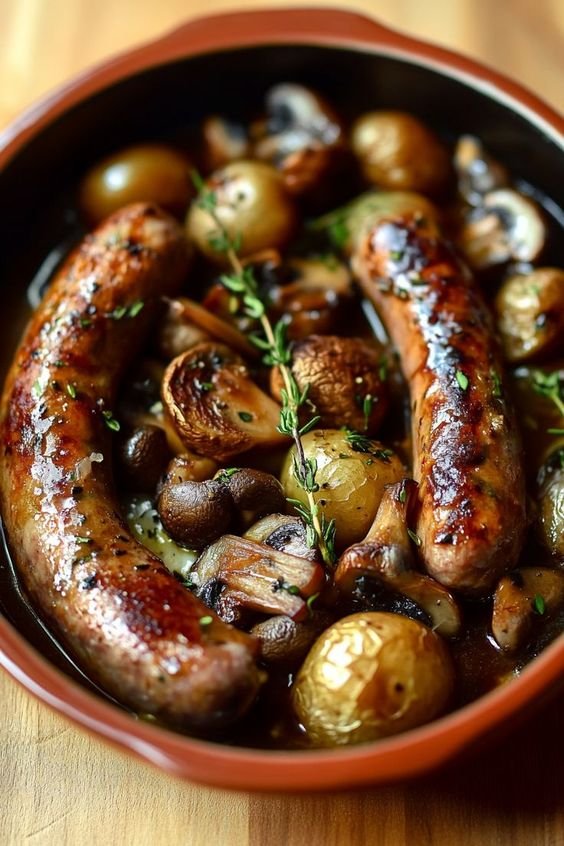 Saucisses, Champignons et Pommes de Terre au Four