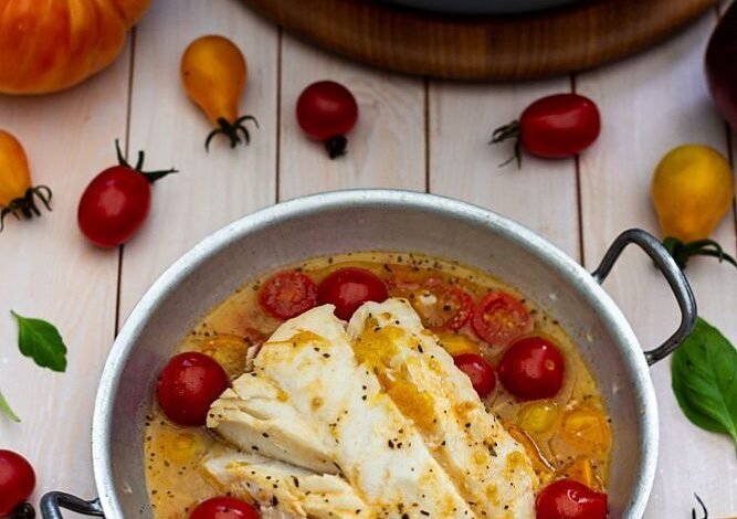 Cabillaud au vin blanc et tomates cerises