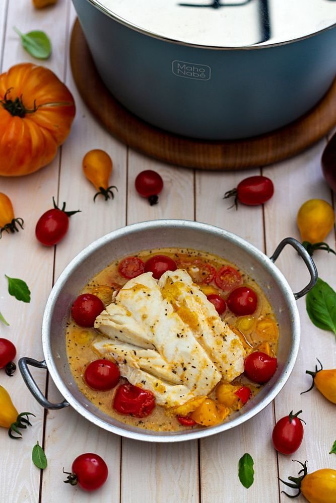 Cabillaud au vin blanc et tomates cerises