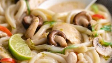 Bouillon de nouilles udon, poulet et champignons