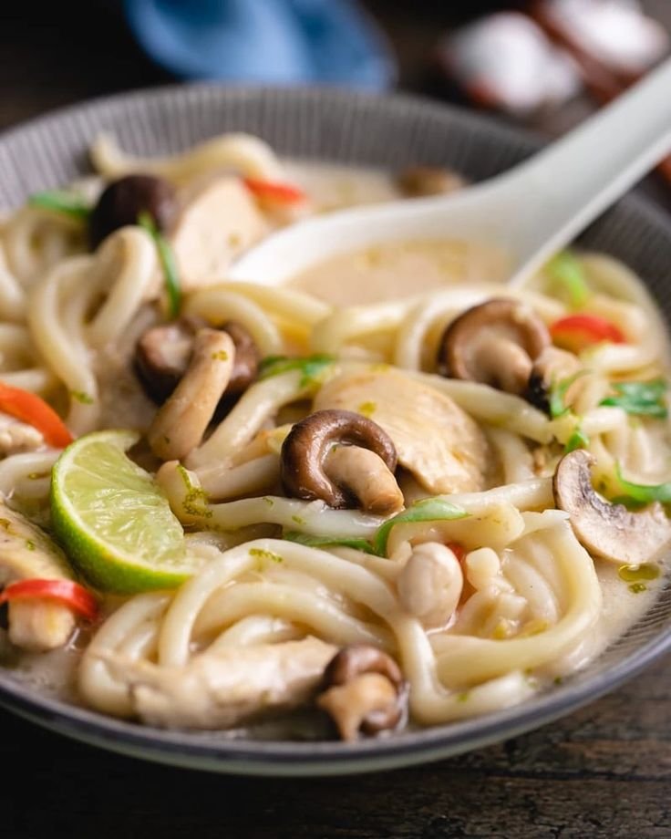 Bouillon de nouilles udon, poulet et champignons