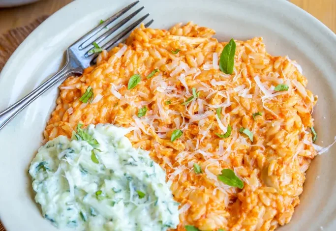 Orzo à la crème de poivrons, poulet effiloché et tzatziki