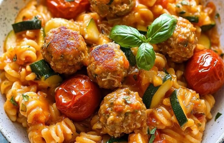 Risotto de Pâtes aux Courgettes, Tomates et Boulettes Croustillantes 🍝🥒🍅