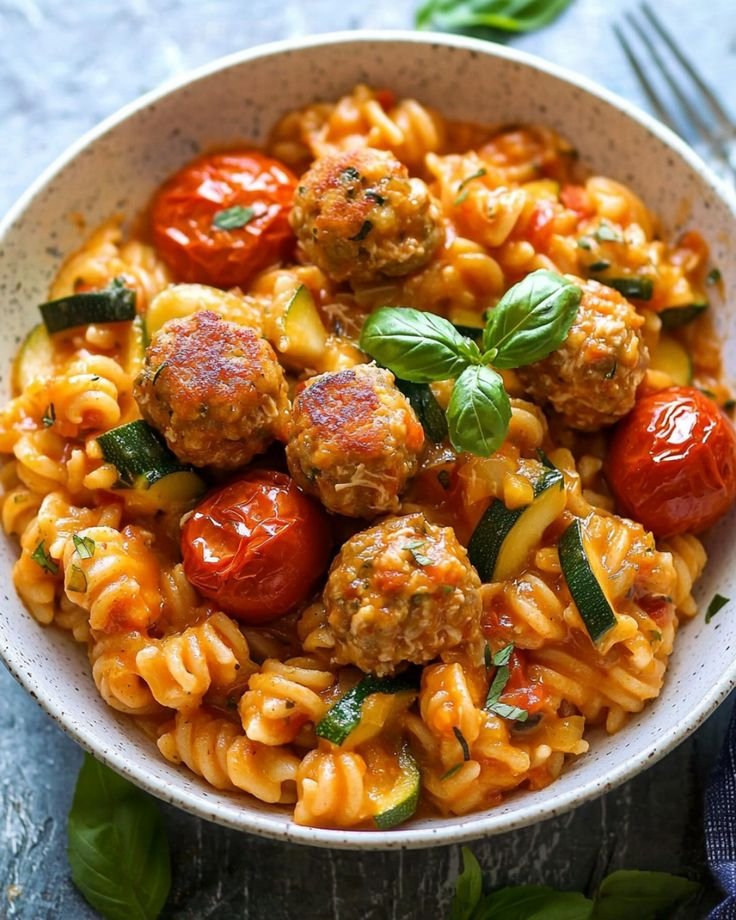 Risotto de Pâtes aux Courgettes, Tomates et Boulettes Croustillantes 🍝🥒🍅