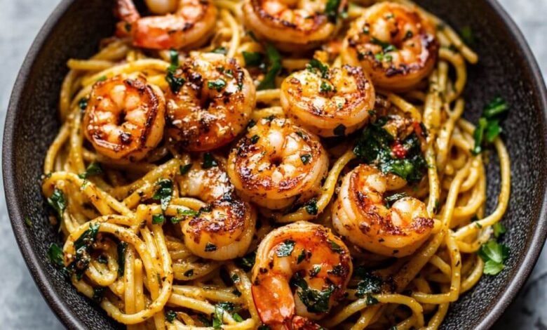 Pâtes aux crevettes et beurre à l’ail